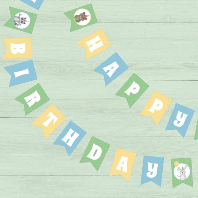 Party  Animals Happy Birthday Bunting (Blue, yellow, and green Happy Birthday bunting banner with cute forest animals in party attire)
