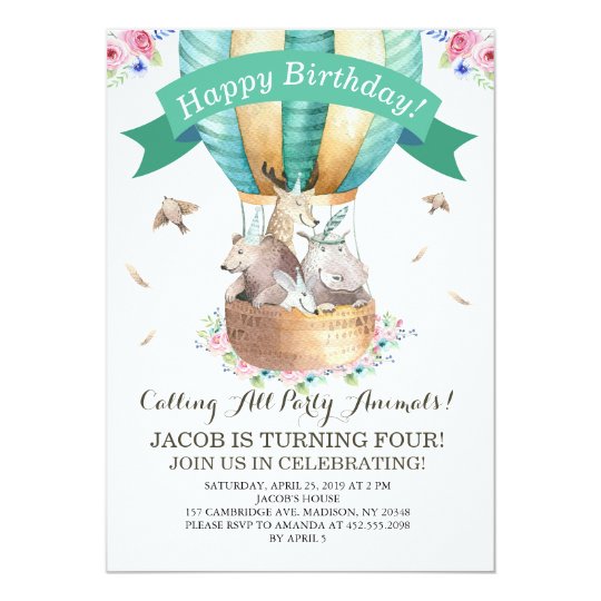 Party Animals Hot Air Balloon Happy Birthday Card