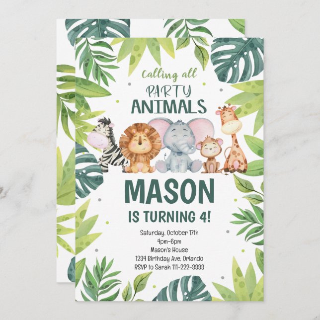 Party Animals Jungle Safari Birthday Invitation (Front/Back)