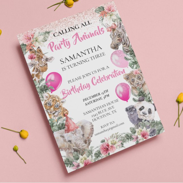 Party Animals Jungle Safari Girl Pink Birthday  Invitation (Creator Uploaded)