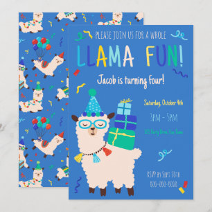 Party Animals Llama Birthday Boys Blue Invitation