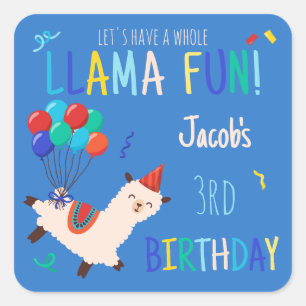 Party Animals Llama Birthday Boys Blue Square Sticker