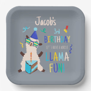 Party Animals Llama Birthday Boys Grey Paper Plate