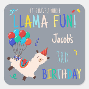 Party Animals Llama Birthday Boys Grey Square Sticker