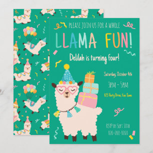 Party Animals Llama Birthday Girls Green Invitation