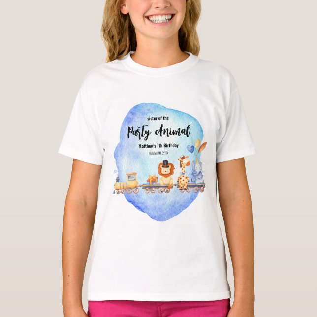 Party Animals on Train Kid Jungle Birthday Sister T-Shirt (Front)
