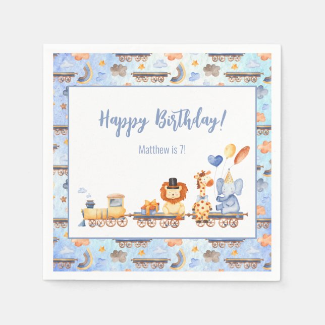 Party Animals on Train Kid Jungle Happy Birthday Napkin (Front)