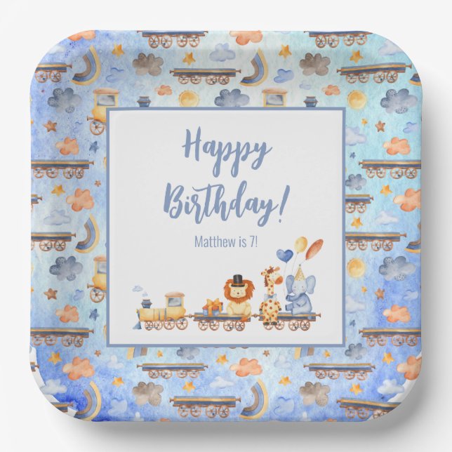 Party Animals on Train Kid Jungle Happy Birthday Paper Plate (Front)