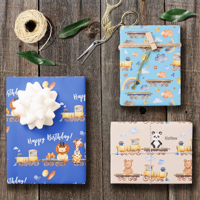 Party Animals on Train Kid Jungle Happy Birthday Wrapping Paper Sheet (Creator Uploaded)