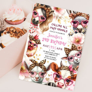 Party Animals Pink Barnyard Girl Farm Birthday Invitation