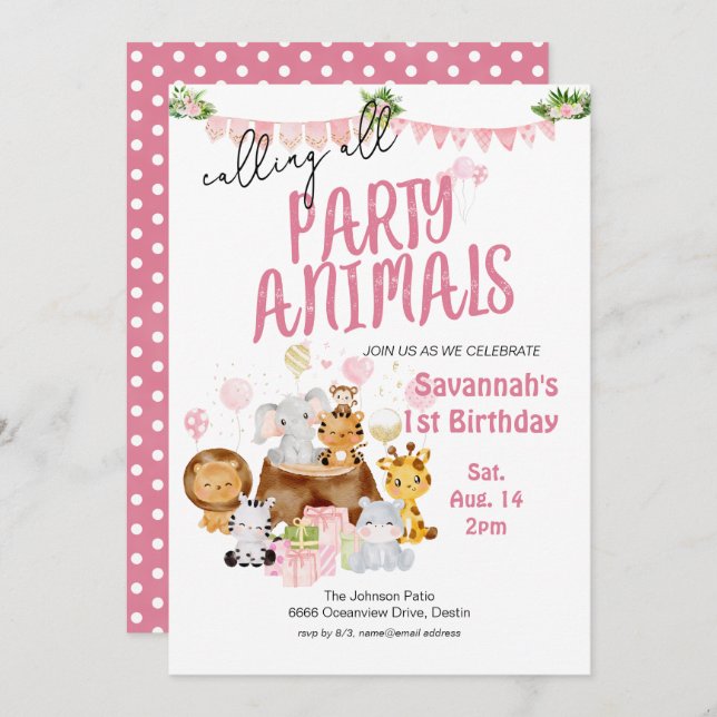 Party Animals Pink Birthday Invitation (Front/Back)