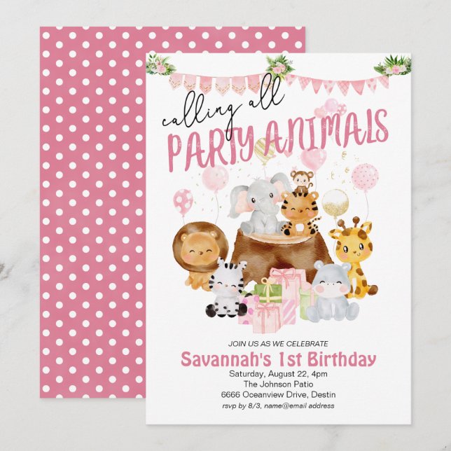 Party Animals Pink Birthday Invitation (Front/Back)