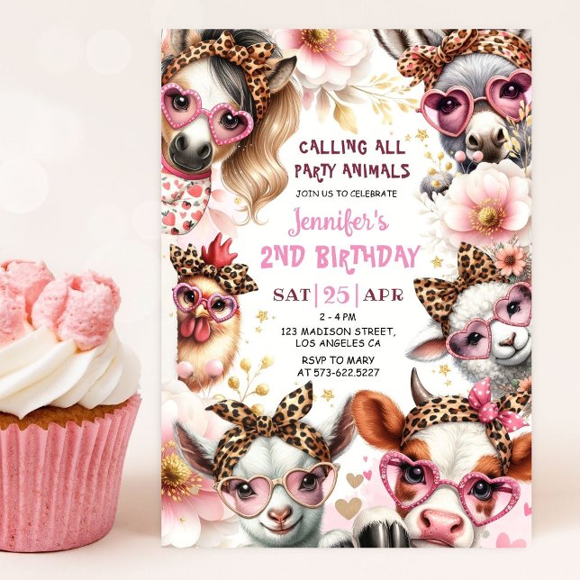 Party Animals Pink Girl Barnyard Farm Birthday Invitation (Creator Uploaded)