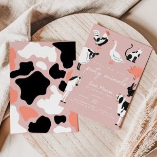 Party Animals   Pink Kids Cow Print Farm Animals Invitation