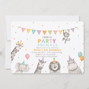Party Animals Safari 1st Girl Birthday Invitation