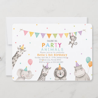 Party Animals Safari 1st Girl Birthday Invitation