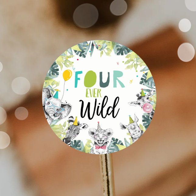 Party Animals Safari Boy Four Ever Wild Birthday Classic Round Sticker (Creator Uploaded)