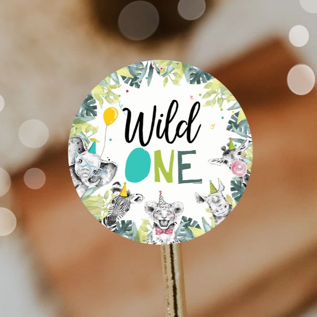 Party Animals Safari Boy Wild One First Birthday Classic Round Sticker (Creator Uploaded)