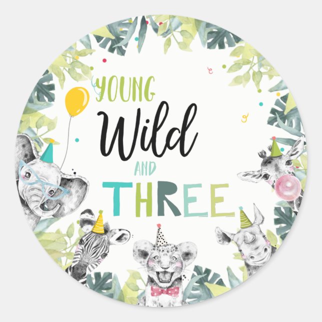 Party Animals Safari Boy Young Wild Three Third Classic Round Sticker (Front)