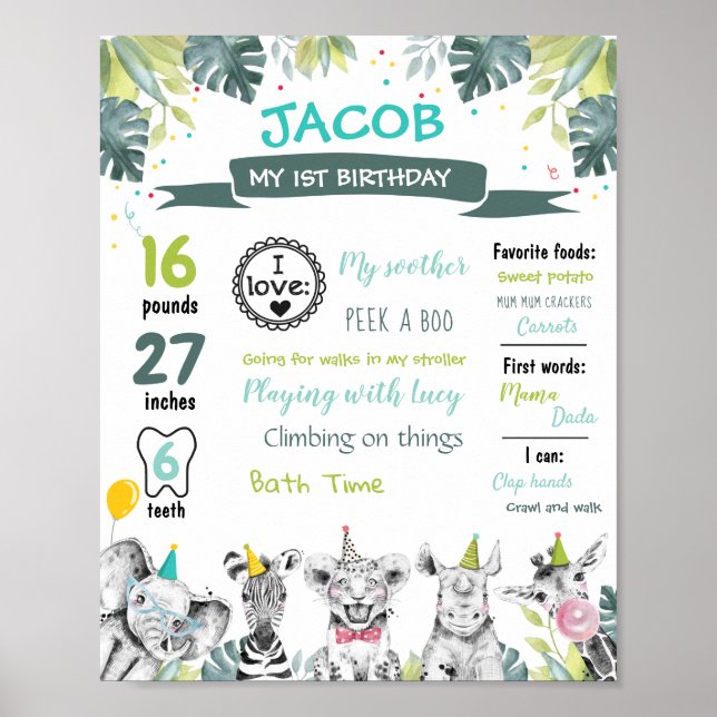 Party Animals Safari First Birthday Milestones Poster (Front)