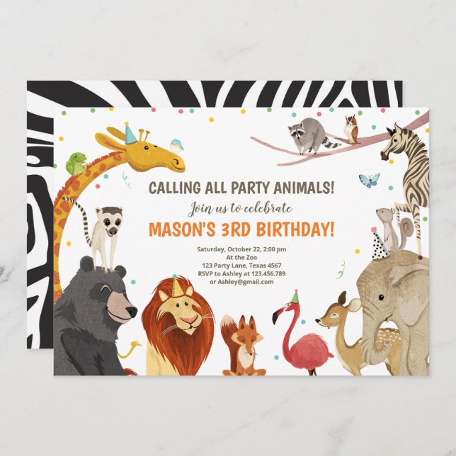 Party Animals Safari Girl Boy Animals Birthday Invitation (Front/Back)