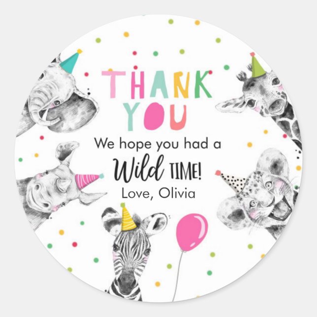 Party Animals Safari Girl Pink Thank You Wild Clas Classic Round Sticker (Front)