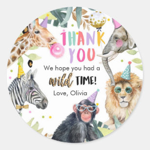 Party Animals Safari Girl Pink Thank You Wild Time Classic Round Sticker