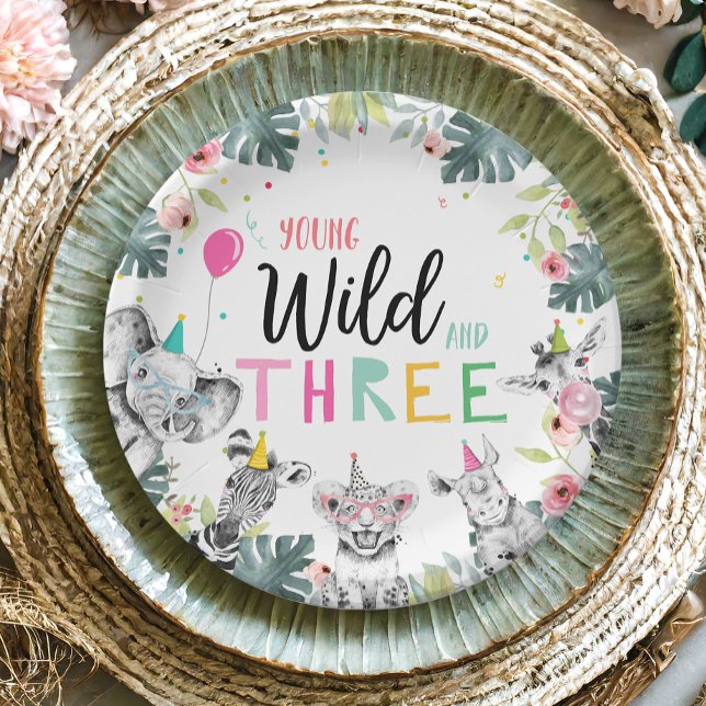 Party Animals Safari Girl Pink Third Birthday Paper Plate (Creator Uploaded)