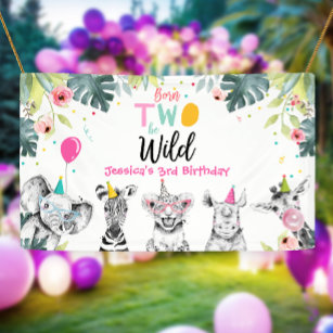 Party Animals Safari Girl Two Wild Pink Backdrop Banner