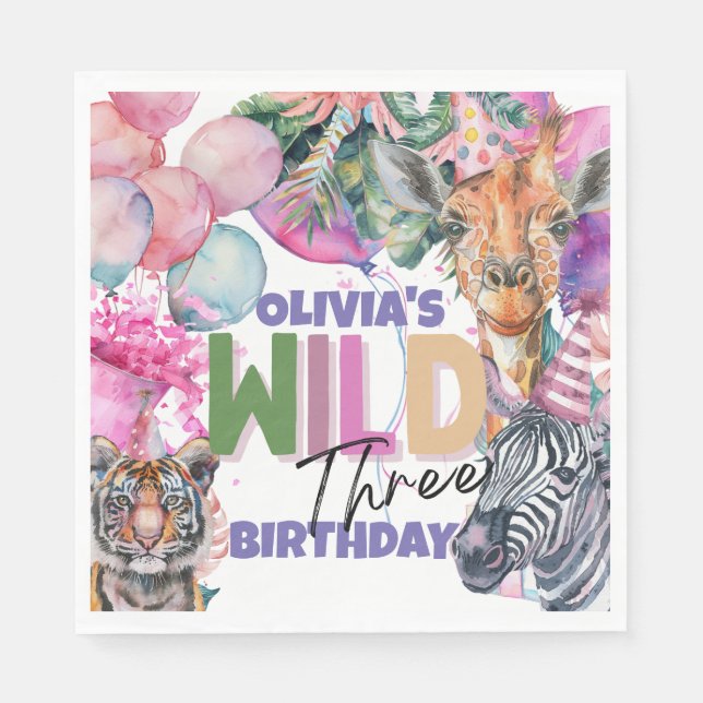 Party Animals Safari Jungle Wild Three Birthday  Napkin (Front)