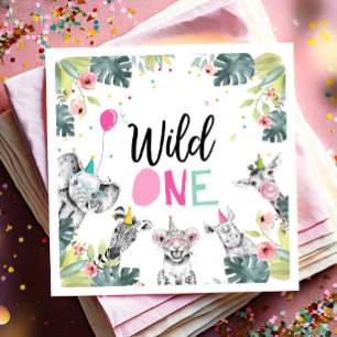 Party Animals Safari Wild One Girl First Birthday Napkin