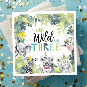 Party Animals Safari Young Wild and Three Birthday Napkin