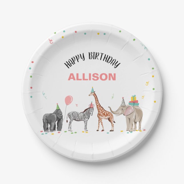 Party Animals Safari Zoo Party Girl Wild Birthday Paper Plate (Front)