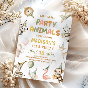 Party Animals Swing On Over Safari 1st Birthday Invitation