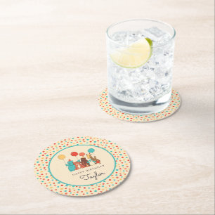 Party Animals Tiger, Penguin, Hippo Kids Birthday Round Paper Coaster