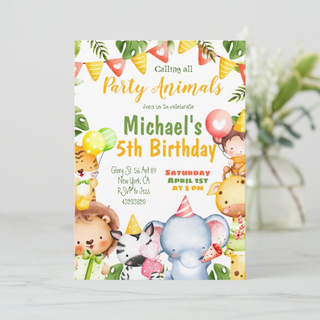 Party Animals Wild Safari Kids Birthday Invitation (Standing Front)