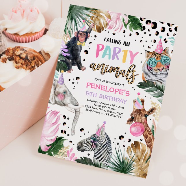 Party Animals Wild Safari Pink Girl Birthday Party Invitation (Creator Uploaded)