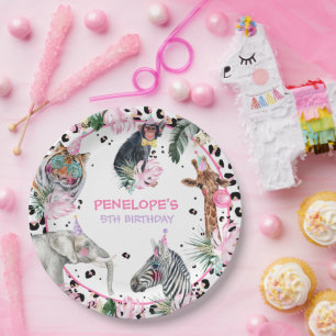 Party Animals Wild Safari Pink Girl Birthday Party Paper Plate
