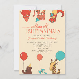 Party Animals with Balloons Custom Kids Birthday Invitation