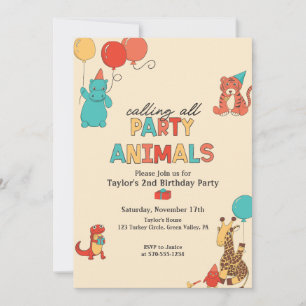 Party Animals with Balloons Retro Colours Birthday Invitation