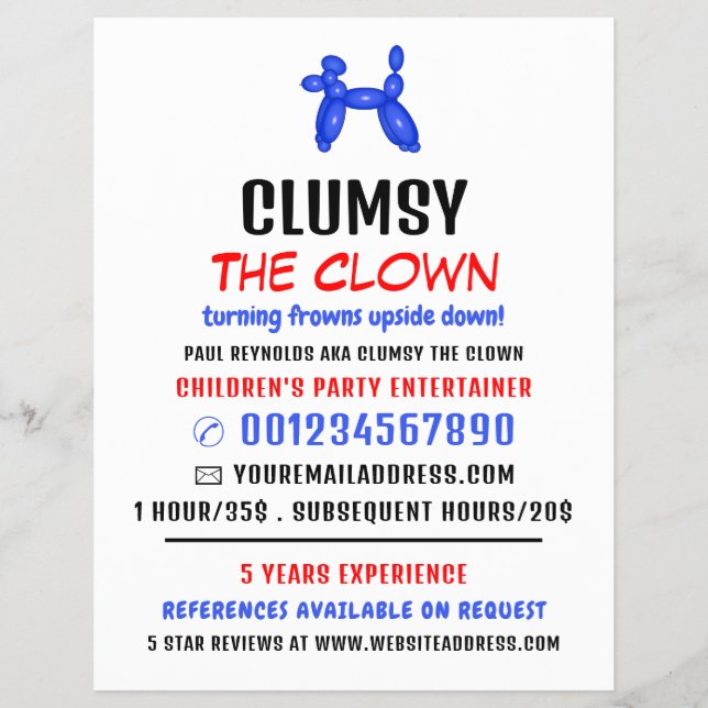 Party Balloon Kids Entertainer, Clown Advertising  Flyer (Front)