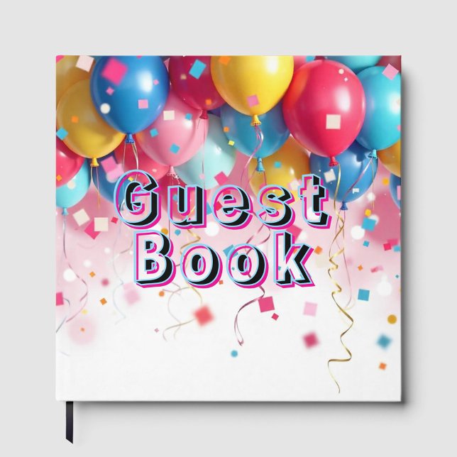 Party Balloons Guest Book (Colorful balloons and confetti floating in the air creating a festive atmosphere!)