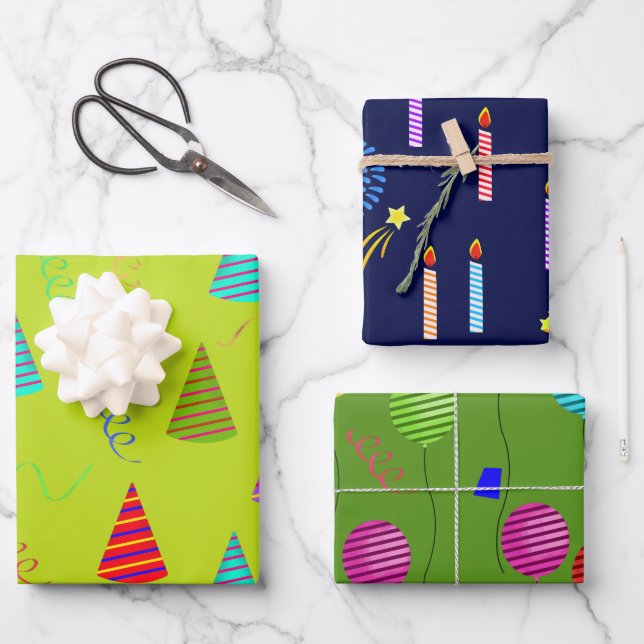 Party Balloons, Hats, and Candles in colourful str Wrapping Paper Sheet (Front)