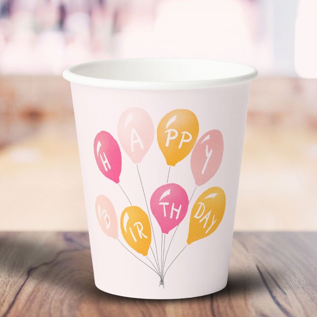 Party Balloons Pink Yellow Kid Happy Birthday Paper Cups (Creator Uploaded)