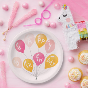 Party Balloons Pink Yellow Kid Happy Birthday Paper Plate