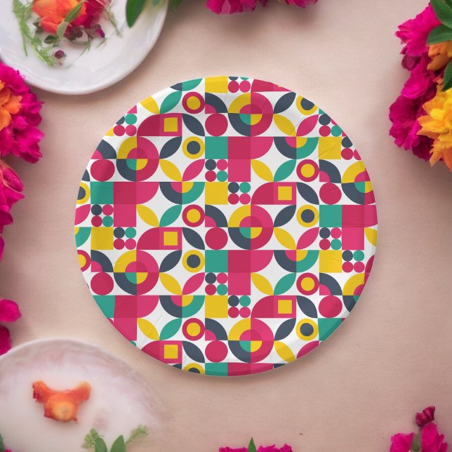 Party Bauhaus Style Paper Plate (retro color theme,birthday,wedding,baby shower,special occasion event paper plate party supplies)