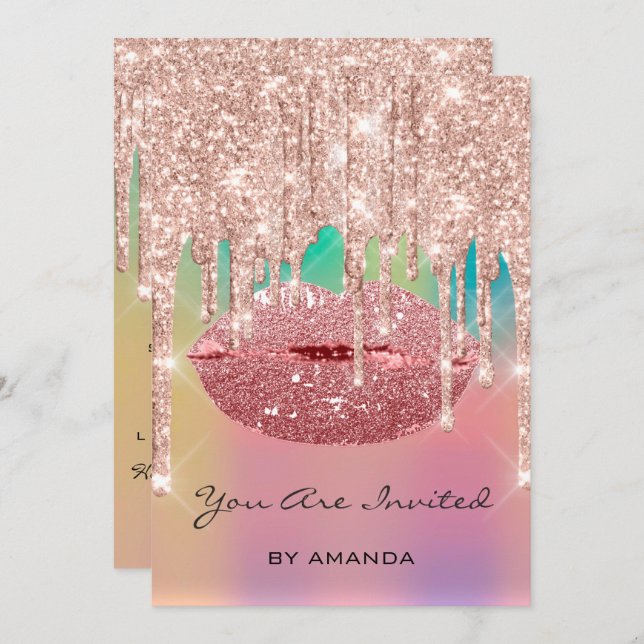 Party Birthday 16th Kiss Lips Rose Glitter Invitation (Front/Back)