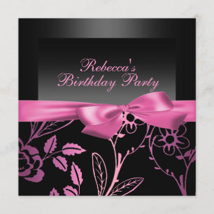 Party Black & Pink Flower Birthday Invitation