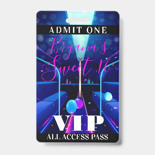 Party Bus Blacklight Dance Sweet 16 VIP Pass ID Badge