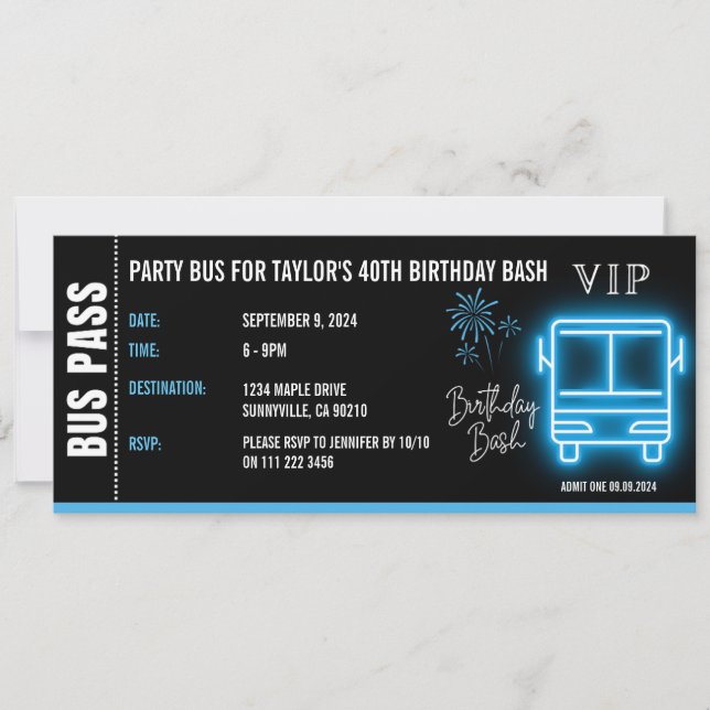 Party Bus Pass Ticket VIP Birthday Invitation (Front)